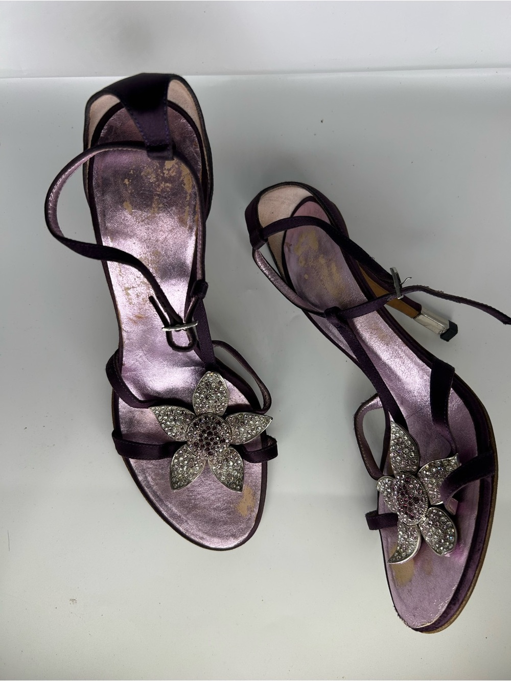 Women's Purple Strappy Sandals with Crystal Flower Accent EU 38.5